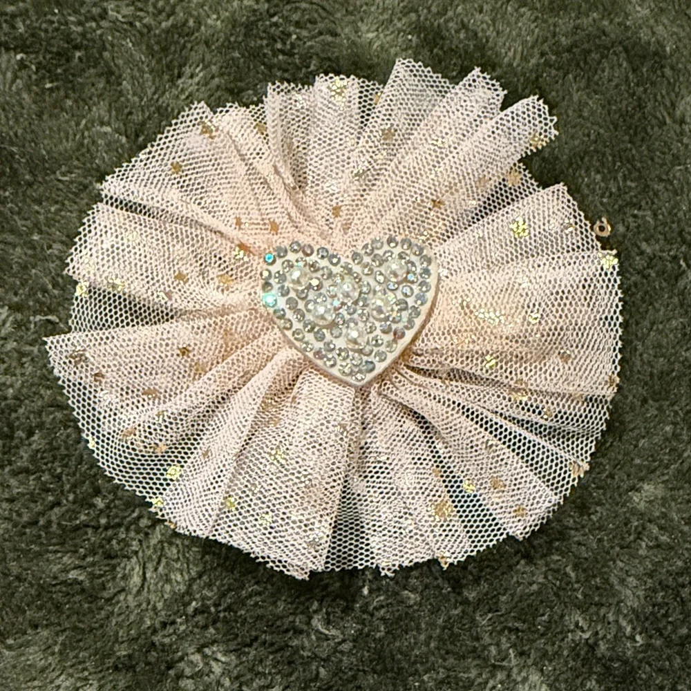 Sparkling Pink Tulle Hair Clip with Rhinestone Heart